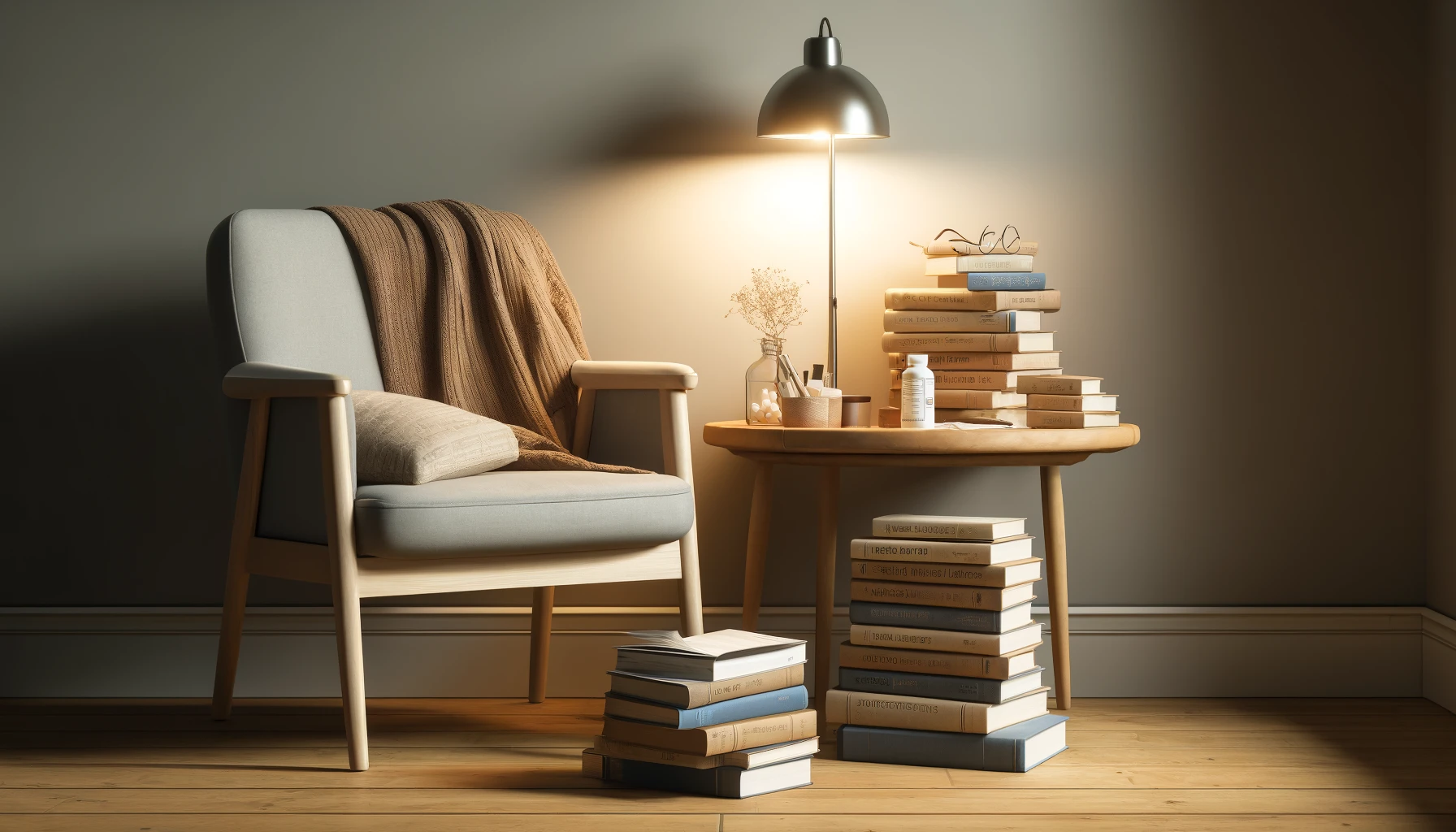 a cozy reading nook with a stack of medical books and journals on a small wooden table, next to a comfortable chair.