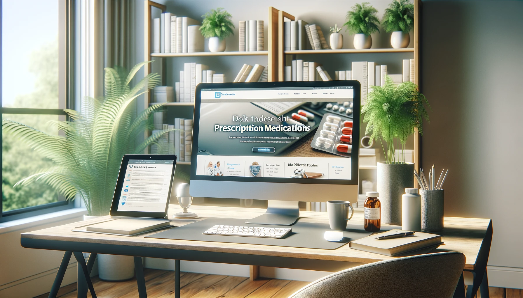 modern home office with a desktop computer displaying a healthcare website about prescription medications in foreign language.