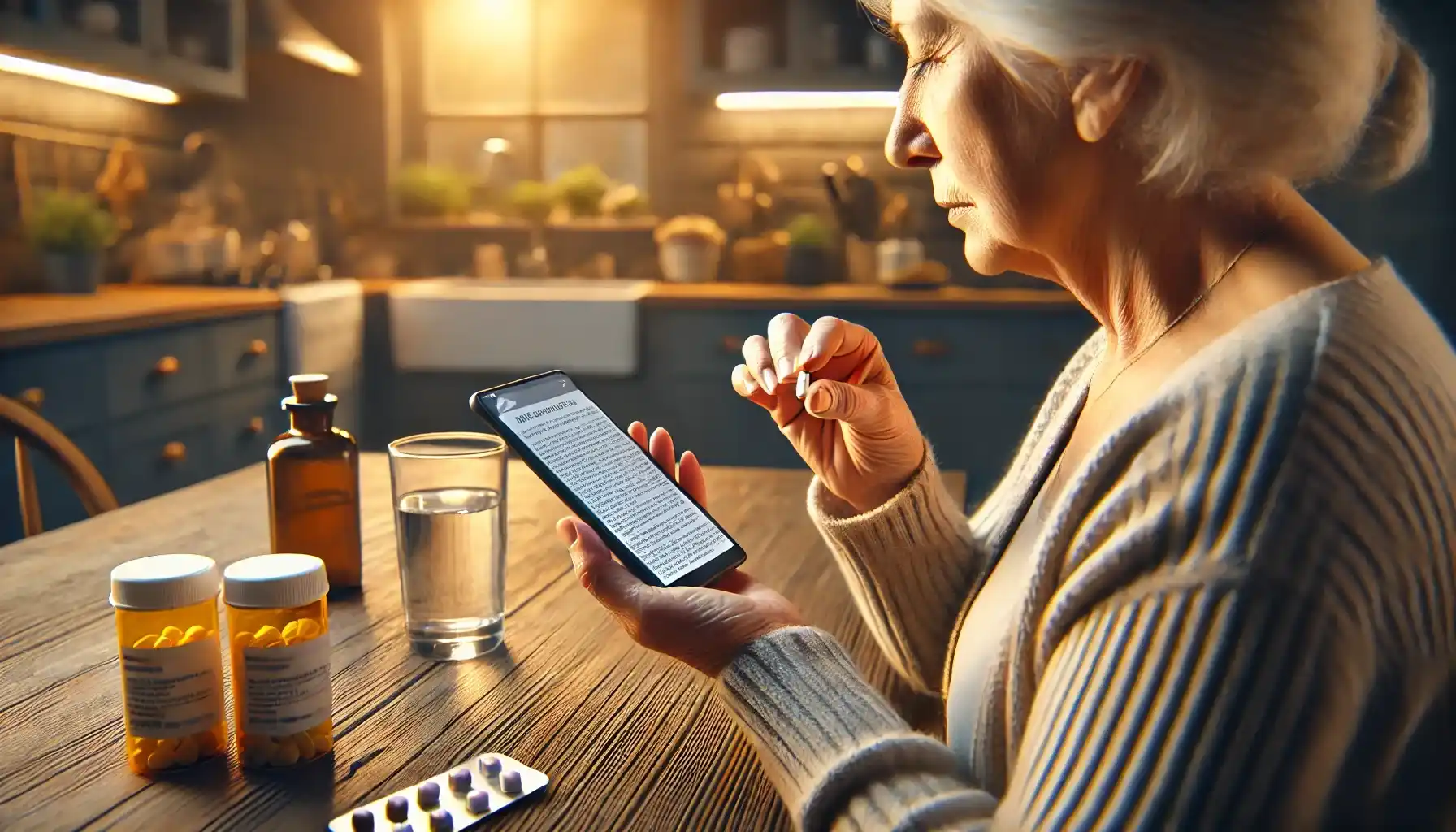 An elderly woman is sitting at a well-lit kitchen table, holding a pill in her open palm while searching how to recognize the fake pills.