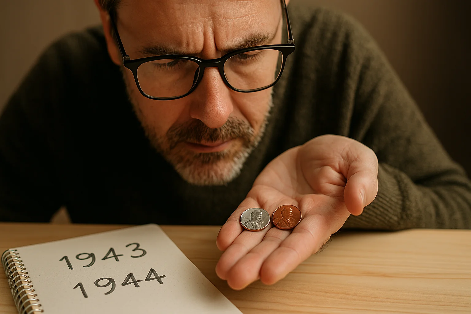 A coin collector examines two Lincoln cents from 1943 and 1944, comparing the steel and copper surfaces to see the clear difference between wartime and postwar issues.