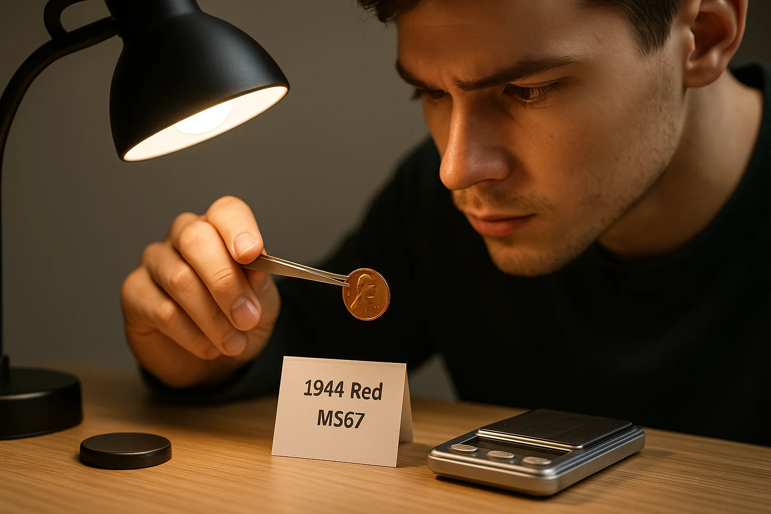 A young collector studies a bright red 1944 MS67 Lincoln penny under a lamp, using tweezers and a digital scale to check its condition and value.