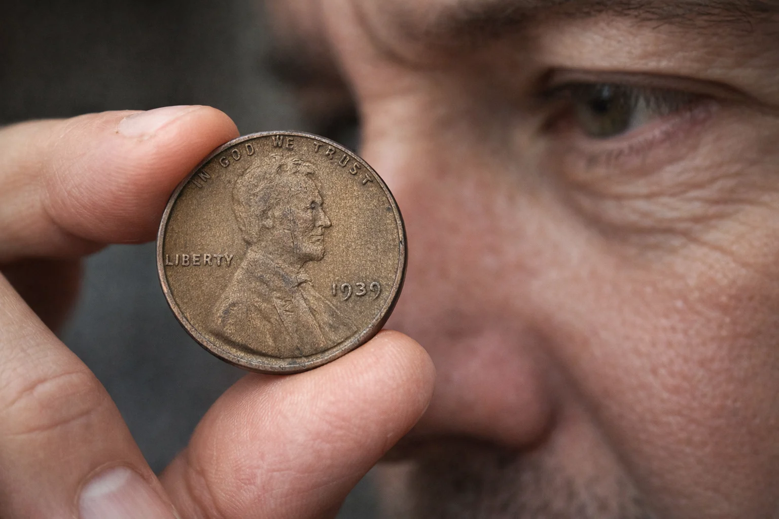 Collector examines 1939 “woody” Lincoln Wheat cent.